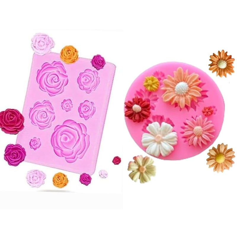 Skytail 2 Pack Rose Dasiy Flower Silicone Candle Moulds for Chocolate Fondant Candy Cake Decoration Cupcake Topper Dessert Ice Cube Waxmelts Soap Floral Carnation Resin Clay Craft Jewelry Molds - Image 1