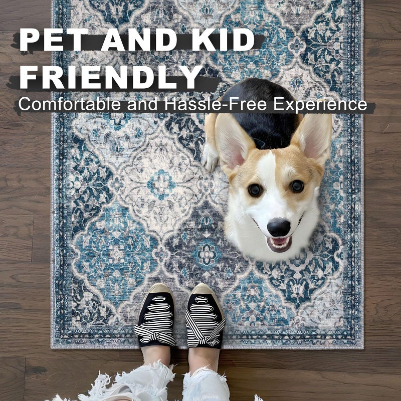 KILOCOCO 2x3 Area Rug, Moroccan Super Soft Entryway Rugs Indoor Vintage Washable Rug Non-Slip Indoor Door Mat, Accent Print Faux Wool Throw Rug for Laundry Kitchen Bedroom Entrance, Blue/Multi - Image 2