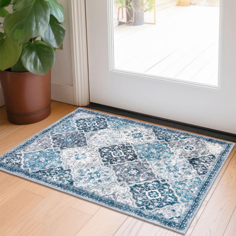 KILOCOCO 2x3 Area Rug, Moroccan Super Soft Entryway Rugs Indoor Vintage Washable Rug Non-Slip Indoor Door Mat, Accent Print Faux Wool Throw Rug for Laundry Kitchen Bedroom Entrance, Blue/Multi - Image 1
