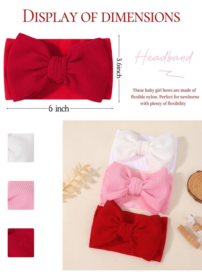 jollybows 3PCS Baby Bows Headbands Soft Nylon Baby Girl Headbands for Newborn Infant Toddler Kids Cute Bow Wide Hairbands Hair Accessories(White+Red+Pink) - Image 2