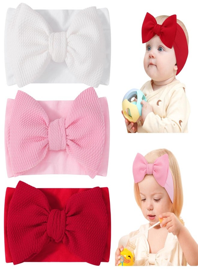 jollybows 3PCS Baby Bows Headbands Soft Nylon Baby Girl Headbands for Newborn Infant Toddler Kids Cute Bow Wide Hairbands Hair Accessories(White+Red+Pink) - Image 1