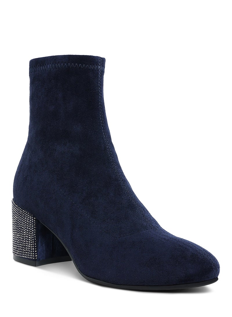 London Rag Rhinestones Embellished Block Heel Boots in Navy - Image 2
