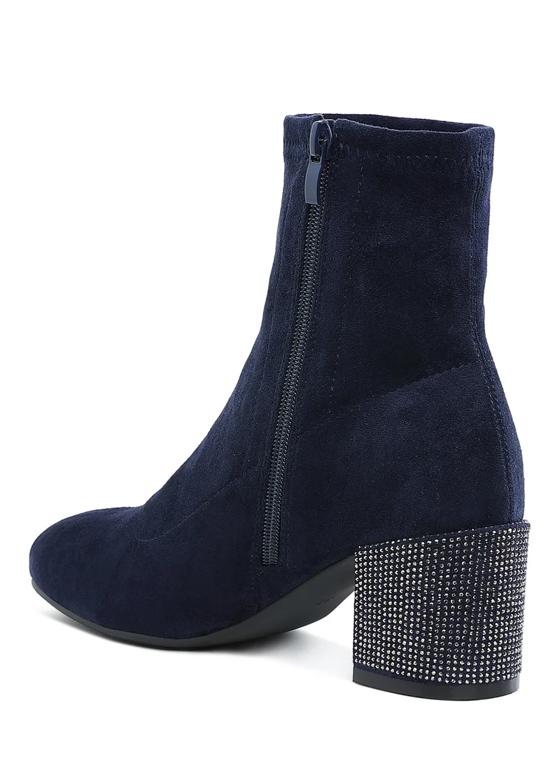 London Rag Rhinestones Embellished Block Heel Boots in Navy