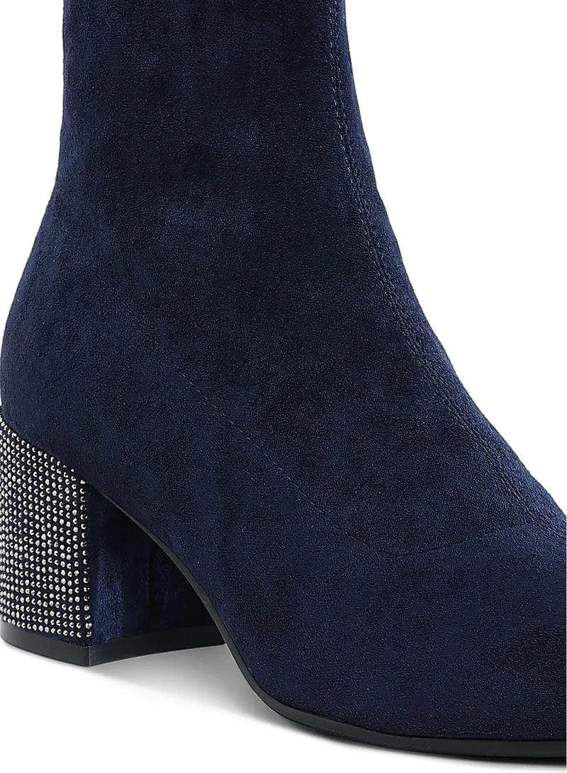 London Rag Rhinestones Embellished Block Heel Boots in Navy