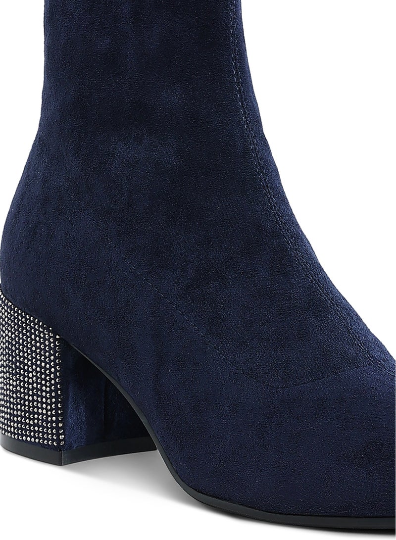 London Rag Rhinestones Embellished Block Heel Boots in Navy - Image 5