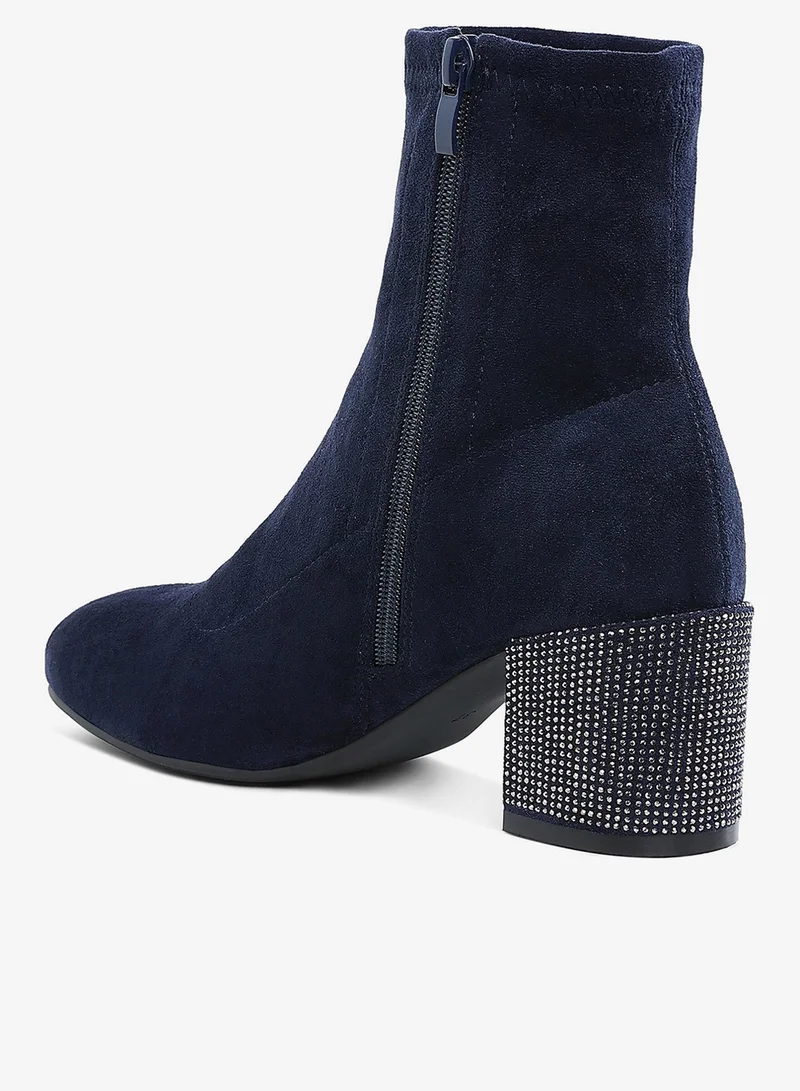 London Rag Rhinestones Embellished Block Heel Boots in Navy