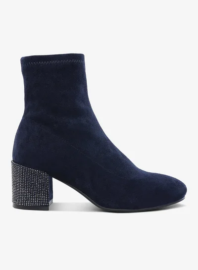 London Rag Rhinestones Embellished Block Heel Boots in Navy