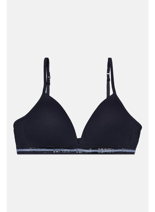 Women Ribbed Lightly Padded Triangle Bra, Navy Blue