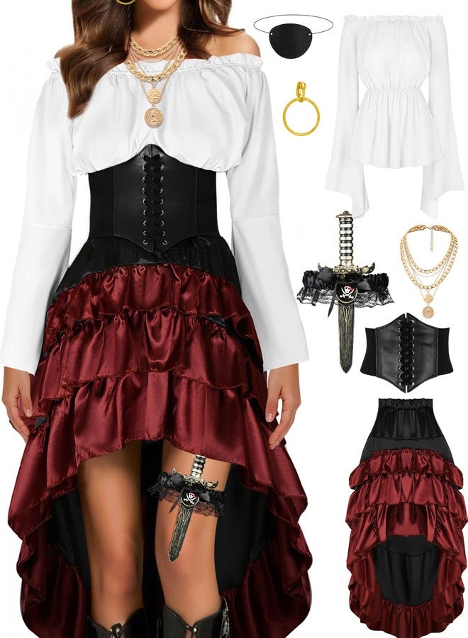 CICOCI Pirate Costume Women Outfits Renaissance Corset Steampunk Skirt Top Pirate Accessories Full Halloween Costume, White, M - Image 1