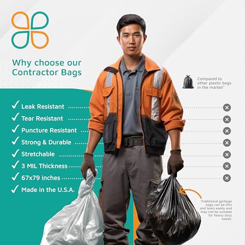 PlasticMill Contractor Bags Heavy Duty - Commercial, Industrial Garbage Bags - Black Construction Trash Bags - Outdoor, Garden Trash Bags, 100-Gallon, 3 Mil, 67"x79" (10-Count) - Image 5