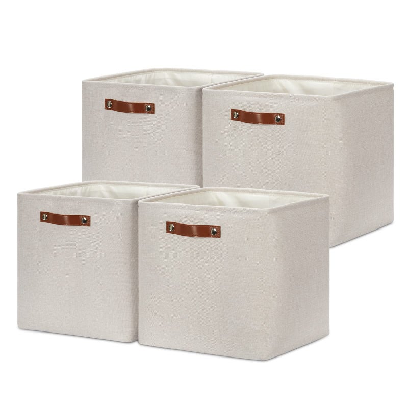 DULLEMELO Storage Bins 4 Pack Of 13x13x13 Decorative Storage Cube Bins Suit Office Home Shelves And Closet Cube Storage Bin with Leather handle4 Pack  13 Beige