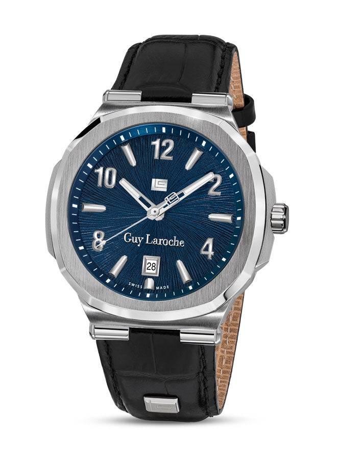 Guy Laroche Charlie 45.5mm Gents Swiss Quartz Watch with Blue Patterned Dial, Textured Black Leather Strap & Sapphire Glass  - Image 1