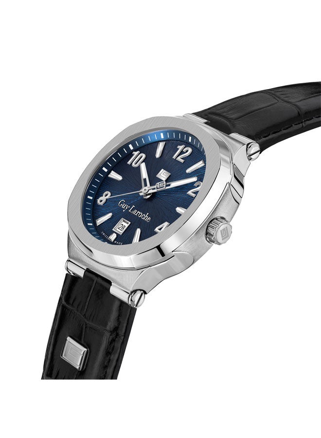 Guy Laroche Charlie 45.5mm Gents Swiss Quartz Watch with Blue Patterned Dial, Textured Black Leather Strap & Sapphire Glass  - Image 2