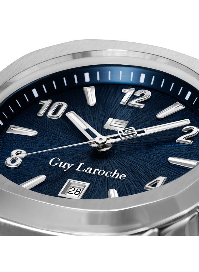 Guy Laroche Charlie 45.5mm Gents Swiss Quartz Watch with Blue Patterned Dial, Textured Black Leather Strap & Sapphire Glass  - Image 3