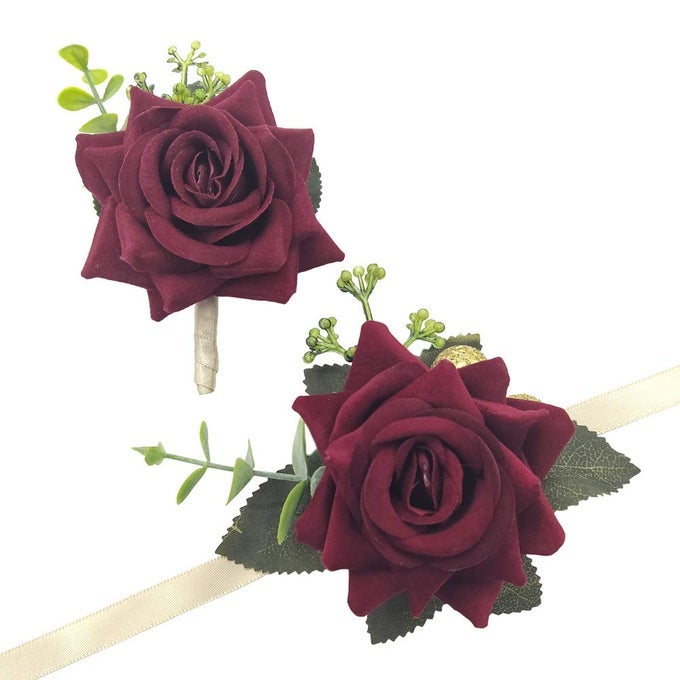 WEDDING PROM CORSAGE AND BOUTONNIERE SET ROSE WRIST CORSAGE RIBBON BRACELET ARTIFICIAL FLOWER CHRISTMAS WRIST CORSAGE