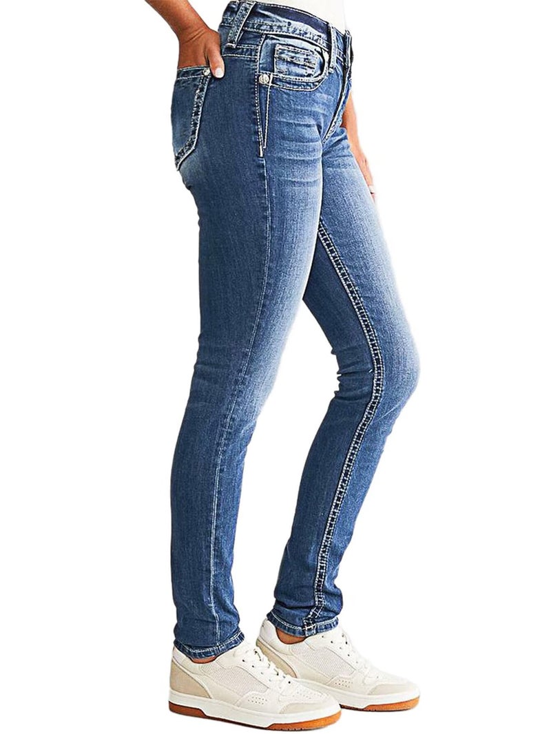 Flamingals Women's Butt Lifting Skinny Leg Jeans Stretchy Tummy Control Mid Rise Denim Jeans Mid Blue L - Image 2