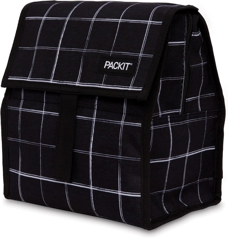 Pac-Kit ® Freezable Lunch Bag, Black Grid, Built with ECOFREEZE® Technology, Foldable, Reusable, Zip and Velcro Closure with Buckle Handle, Designed for Work Lunch and Fresh Lunch On the Go - Image 1