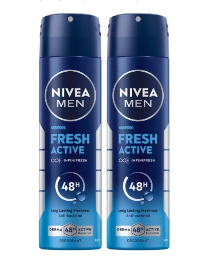 نيفيا بخاخ مزيل عرق للرجال NIVEA Fresh Active 150 مل عبوة من 2 – حماية من الروائح حتى 48 ساعة بتركيبة Infini Fresh وانتعاش يدوم طويلاً - Image 1