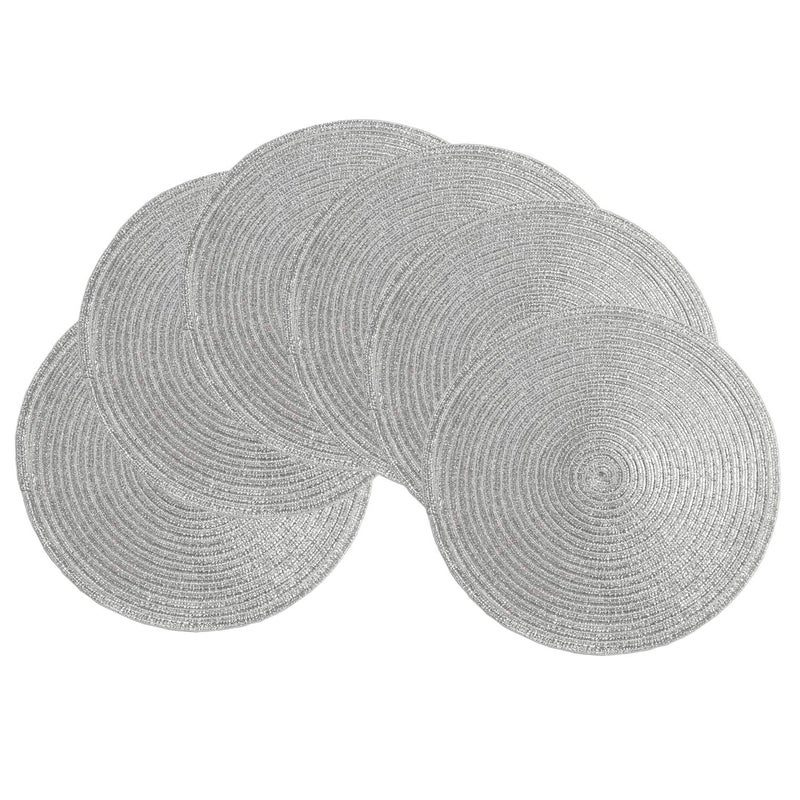 SHACOS Glitter Round Braided Placemats Set of 6 Sparkle Bling Placemats Glitz Table Mats for Home Holiday Party Wedding Festive Table Decoration 6 Silver