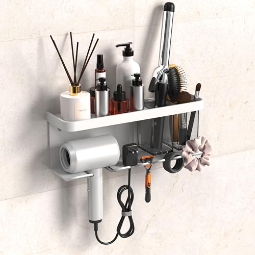 YIHOFLO Hair Dryer Holder Wall Mounted AdhesiveDrilling Hair Dryer Storage Organizer with Shelf Hooks for Bathroom Blow Dryer Holder Hair Tool Organizer White - Image 1