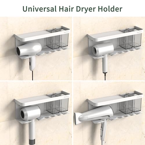 YIHOFLO Hair Dryer Holder Wall Mounted AdhesiveDrilling Hair Dryer Storage Organizer with Shelf Hooks for Bathroom Blow Dryer Holder Hair Tool Organizer White - Image 3
