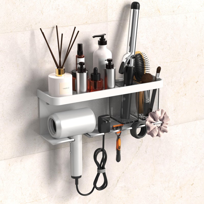 YIHOFLO Hair Dryer Holder Wall Mounted AdhesiveDrilling Hair Dryer Storage Organizer with Shelf Hooks for Bathroom Blow Dryer Holder Hair Tool Organizer White - Image 2