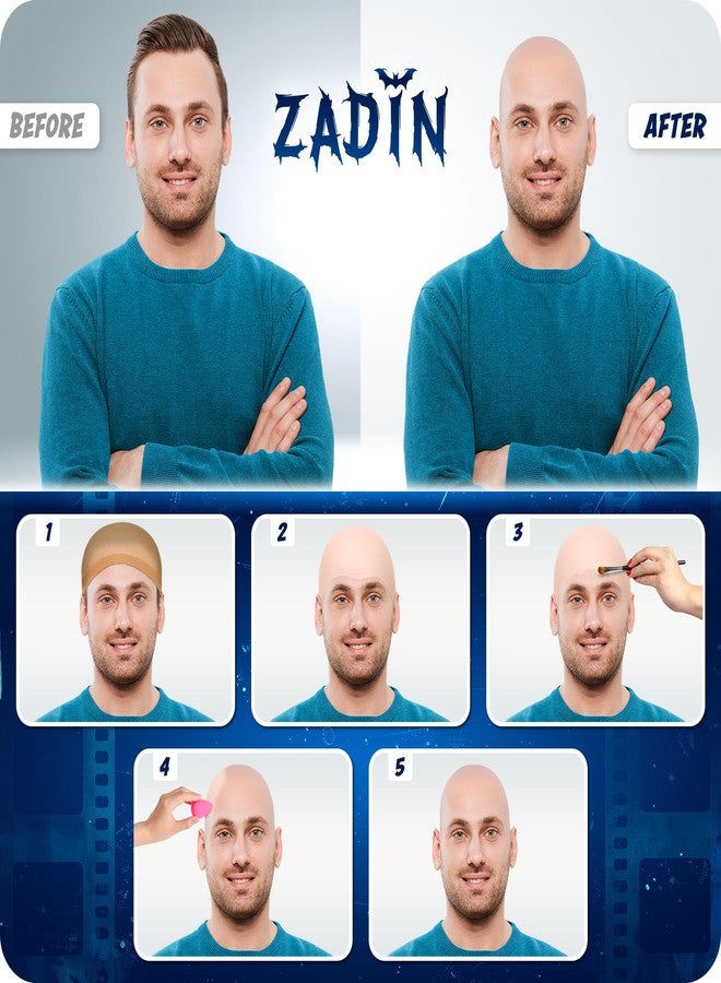 Zadin 2PCS Bald Cap for Men Women Costume, Wig Head Cap, Mr Clean Costume, Halloween Latex Dr Nefario Bald Kit - Image 3