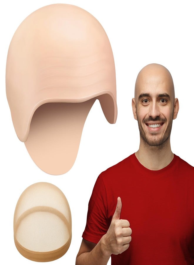 Zadin 2PCS Bald Cap for Men Women Costume, Wig Head Cap, Mr Clean Costume, Halloween Latex Dr Nefario Bald Kit - Image 1