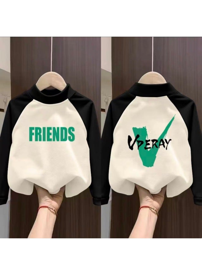 Children's Velvet Base Layer Shirt Winter Warm Top Trendy Autumn & New Style Boys Girls Raglan Splicing Long Sleeve T-shirt