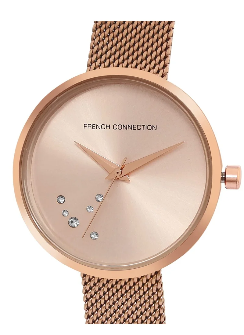 فرنش كونكشن 31mm Quartz Women's Watch With Rose Gold Dial & Stainless Steel Mesh Bracelet
