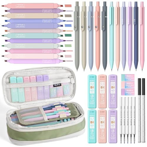 Nicpro 39 PCS Aesthetic School Supplies with Cute Pencil Case 12 Color Pastel Highlighters 5 Quick Dry Retractable Black Ink Pens 6 Pastel Mechanical Pencil 05 07 mm for Student Stationary - Image 1