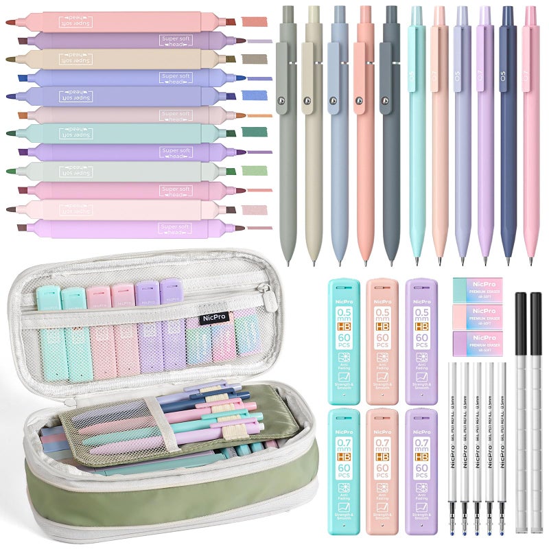Nicpro 39 PCS Aesthetic School Supplies with Cute Pencil Case 12 Color Pastel Highlighters 5 Quick Dry Retractable Black Ink Pens 6 Pastel Mechanical Pencil 05 07 mm for Student Stationary - Image 2