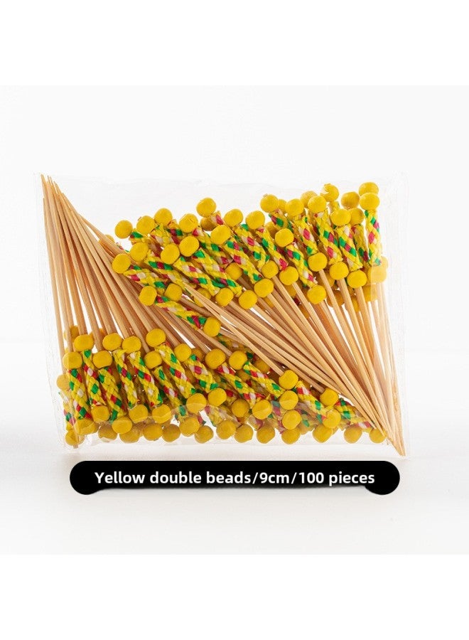 Disposable Fruit Fork Fruit Sticks Bamboo Sticks Flower Sticks Sugar-Coated Berry String Sticks Cocktail Sandwich Sticks Dessert Decoration-Color:Deep Khaki 9cm Yellow Double Beads 100  - Image 1