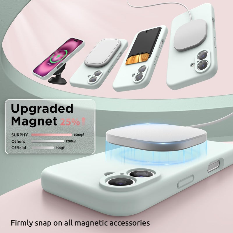 SURPHY Magnetic Silicone for iPhone 16 Case, Compatible with MagSafe, Camera Protective and Soft Microfiber Lining Shockproof Phone Case Cover 6.1 inch 2024, Soft Mint - Image 3