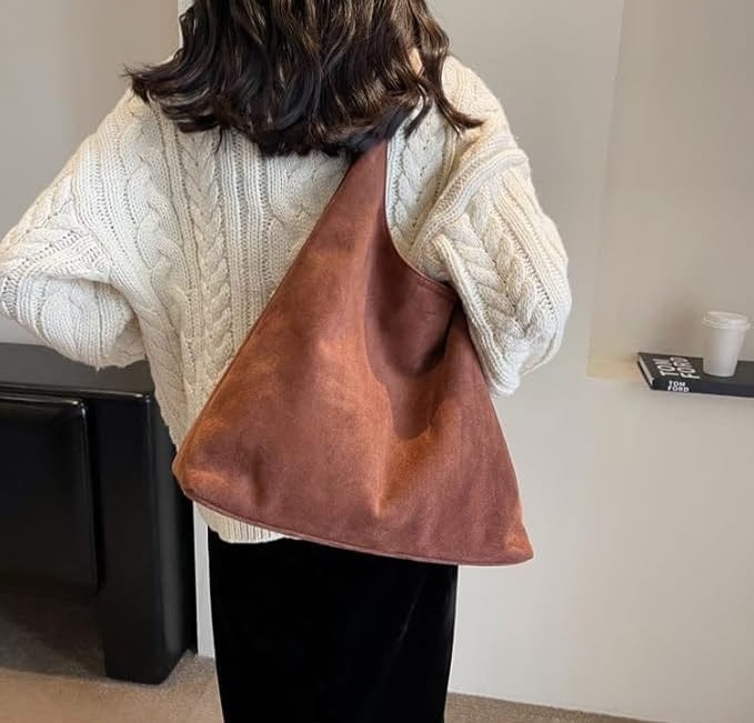 SheSelects Suede Style Vegan Leather Hobo Bag for Women, Slouchy Everyday Shoulder Purse - Black - Image 1