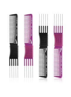 Patelai Patelai Hair Comb, 4 Pieces Carbon Lift Teasing Combs with Metal Prong, Salon Teasing Lifting Fluffing Comb with 5 Stainless Steel Pins for Women, Most Hair Types, Synthetic, Black and Purple  - Image 1