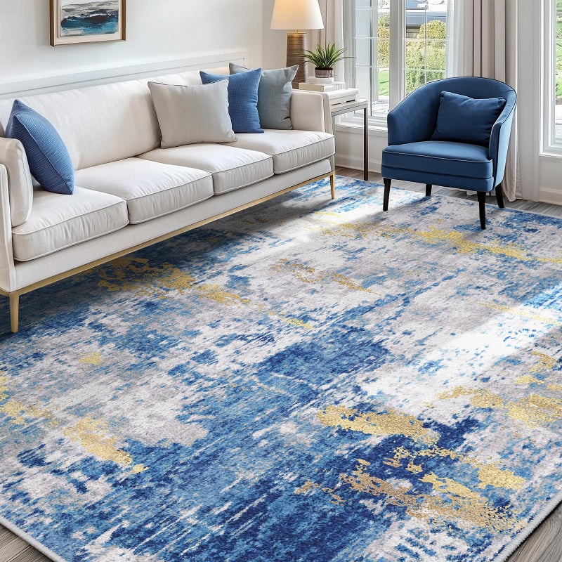 RELEANY Washable Area Rugs 5x7 NonSlip Modern Abstract Soft for Living Room Entryway Bedroom Nursery Print Pattern Grey Blue GoldGolden