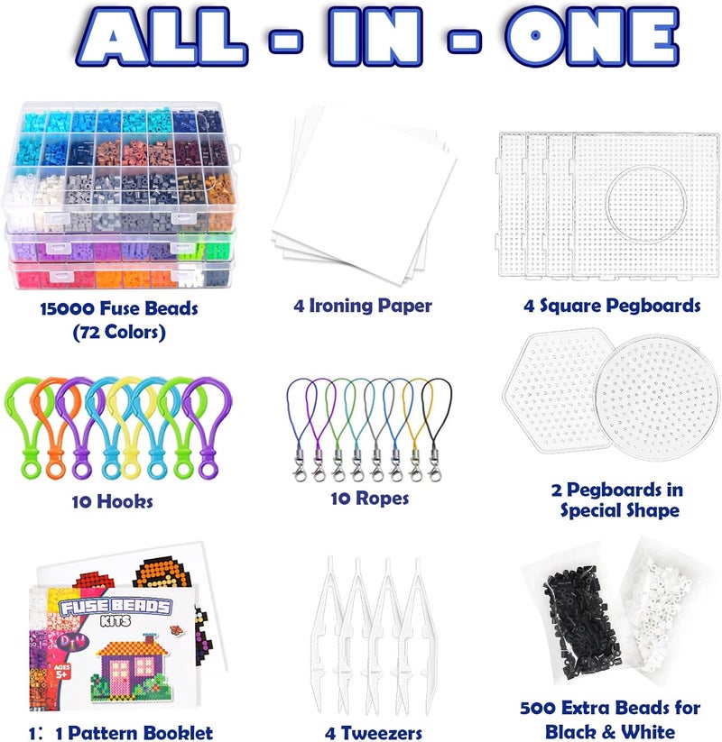 FUNZBO 15000+ 5mm Fuse Beads Kit - 72 Colors | 66 Patterns, Arts and Crafts for Kids, Art Decorations for Room, Birthday Toys Gifts for Girls, Boys and Teens Age 5+ Years Old - Image 2
