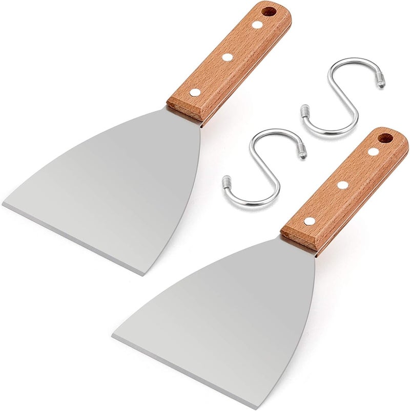 E-far Wooden Griddle Scraper Set of 2, Stainless Steel Metal Grill Scrapers 9.5” for Food Service, Cleaning Supplies, Teppanyaki Flat Top BBQ Cooking, Slant Metal & 2 Hooks - Image 1