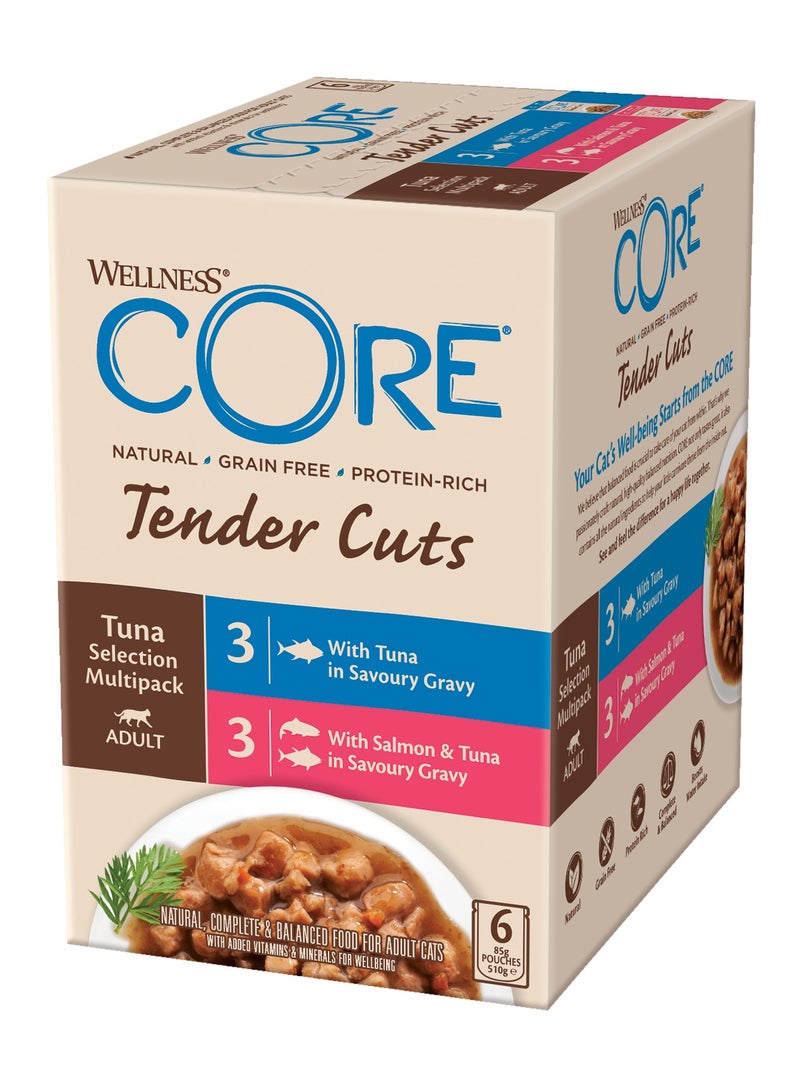 ويلنس كور طعام قطط رطب للقطط البالغة علبة مكونة من 6 قطع بوزن 85 جرام 3x دجاج مع كبد الدجاج 3x دجاج مع سالمون - طعام قطط خالي من الحبوب - اكل قطط غني بالبروتين للقطط البالغة - Image 1