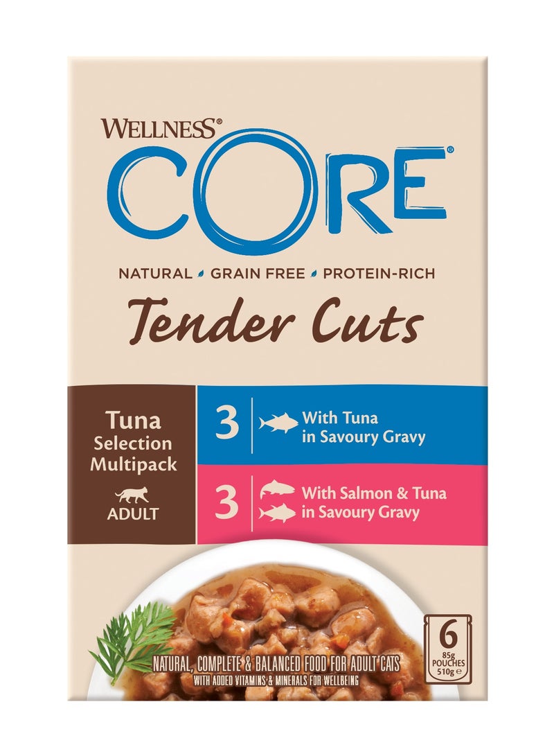 ويلنس كور طعام قطط رطب للقطط البالغة علبة مكونة من 6 قطع بوزن 85 جرام 3x دجاج مع كبد الدجاج 3x دجاج مع سالمون - طعام قطط خالي من الحبوب - اكل قطط غني بالبروتين للقطط البالغة - Image 2