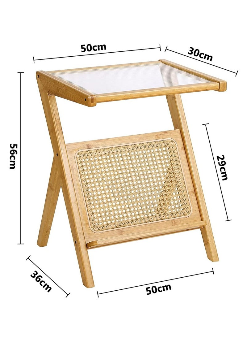 LINGWEI Rattan Side Table with Storage, Mid Century Modern Nightstand, Bamboo Accent Bedside Table, Boho Glass Coffee Table for Small Spaces, Living Room, and Bedroom  - Image 5