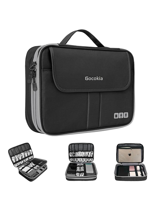 Gocokia Double Layers Large Capacity Travel Electronic Accessories Organizer Bag 2 Front Pockets Travel Gadget Carry Case Perfect Size Fit For Ipad Iphone Cables Power Bank Tablet 10.2'' Black - Image 1