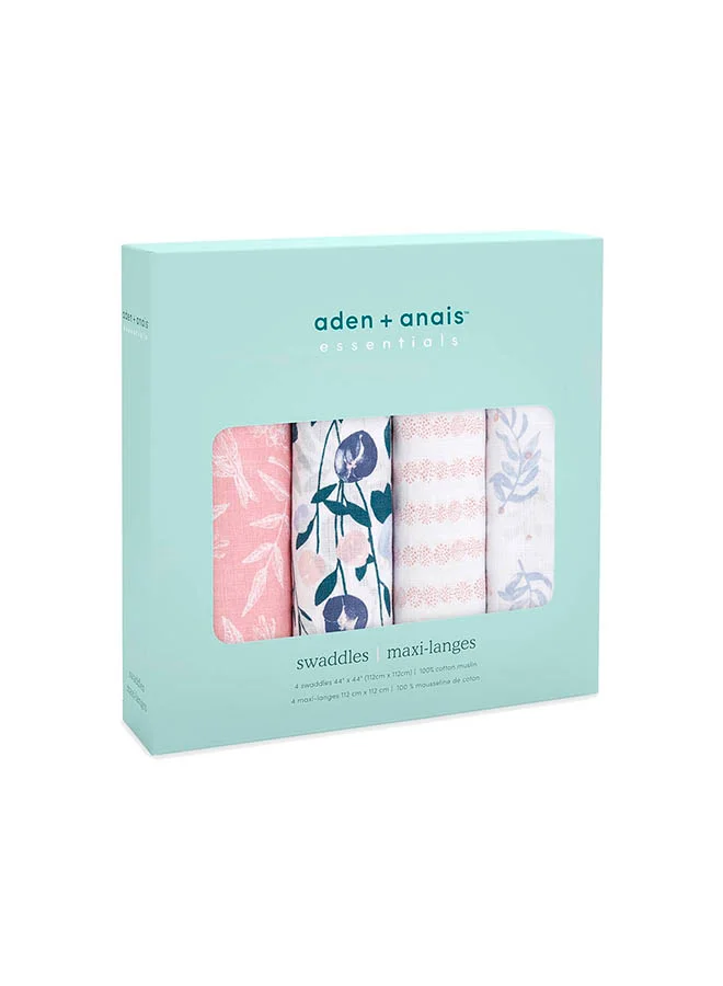 aden + anais Pack of 4 Essentials Cotton Muslin Swaddle Blanket Flowers Bloom