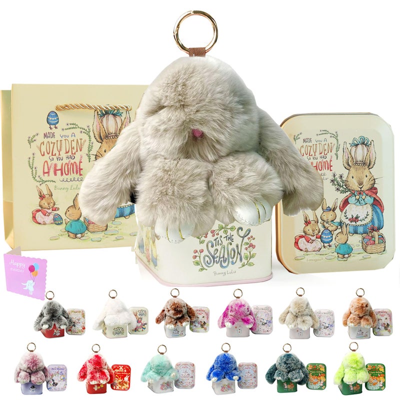 MINGRI Soft Bunny Keychain with Tin,Graduation Gifts for Her Pluch Keychain,Cute Bag Charm Key Chain (Beige) - Image 1