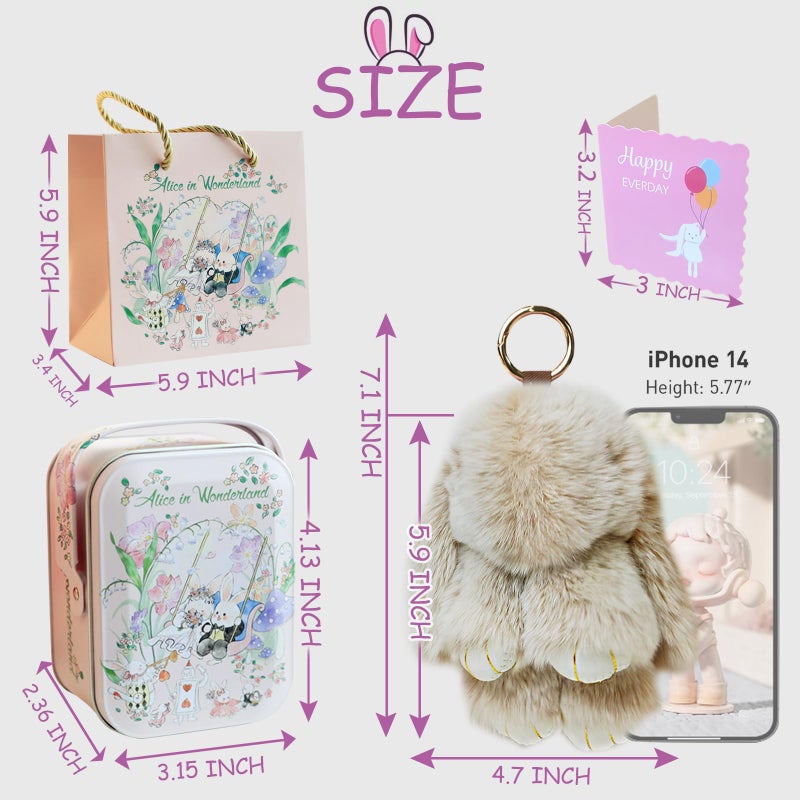 MINGRI Soft Bunny Keychain with Tin,Graduation Gifts for Her Pluch Keychain,Cute Bag Charm Key Chain (Beige) - Image 4