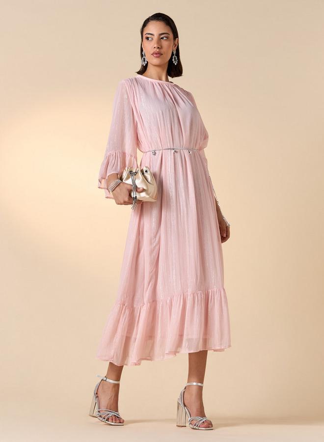 ايكونيك فستان ميدي بارز الملمس بياقة مستديرة وأكمام 3/4 من أيكونيك - Image 2