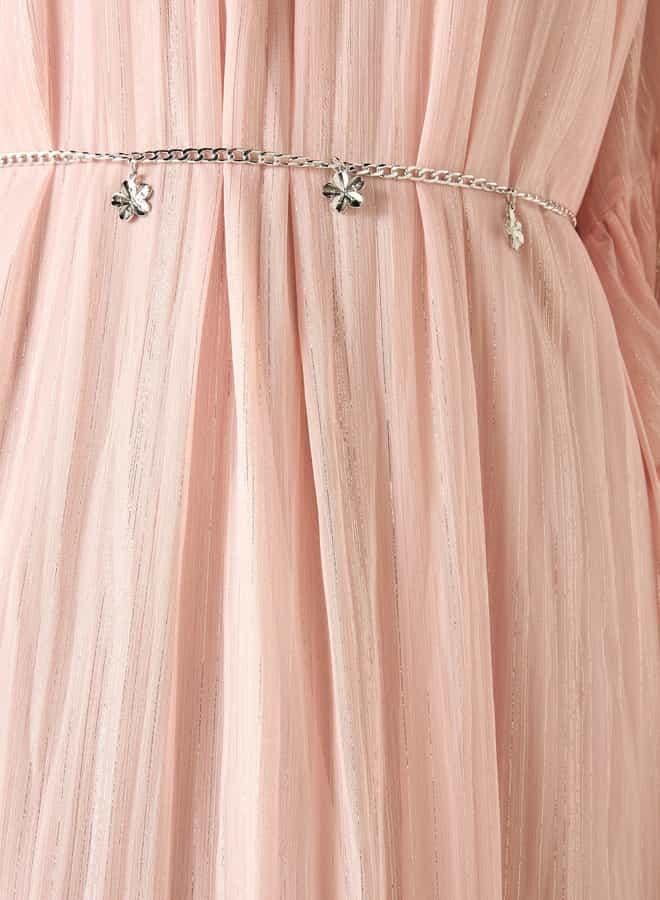 ايكونيك فستان ميدي بارز الملمس بياقة مستديرة وأكمام 3/4 من أيكونيك - Image 4