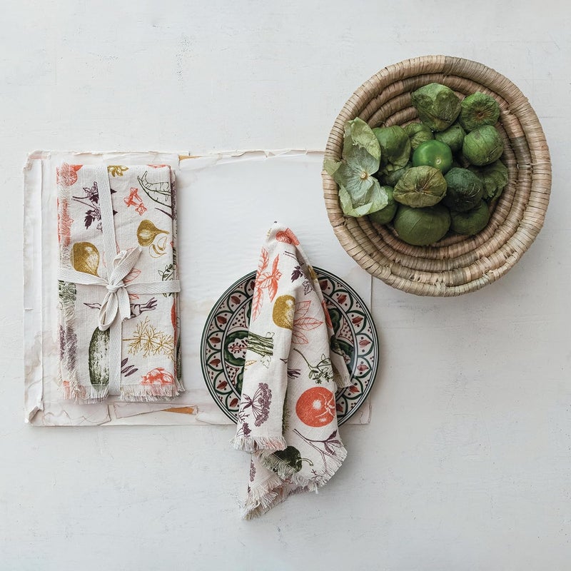 Creative CoOp Vegetable Print Cotton Slub Napkins with Fringe Multicolor Set of 4 - Image 3