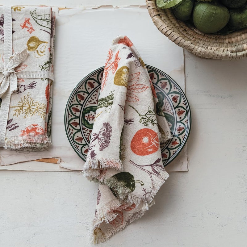Creative CoOp Vegetable Print Cotton Slub Napkins with Fringe Multicolor Set of 4 - Image 2